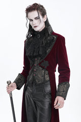 Wine Red Long Sleeves Button Floral Embroidery Men's Gothic Jacket - Product - 8