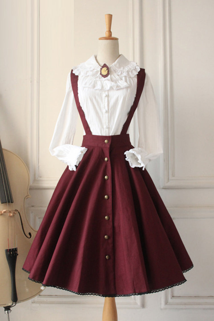Wine Vintage Single Breasted Ruffled Classic Lolita Skirt Strap Dress - Wine - 1