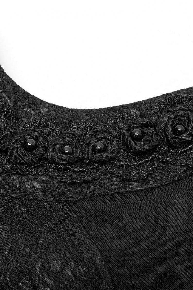 Black Long Trumpet Sleeves Print Hollow Stitching Lace-Up Womens Gothic Blouse - Product - 6
