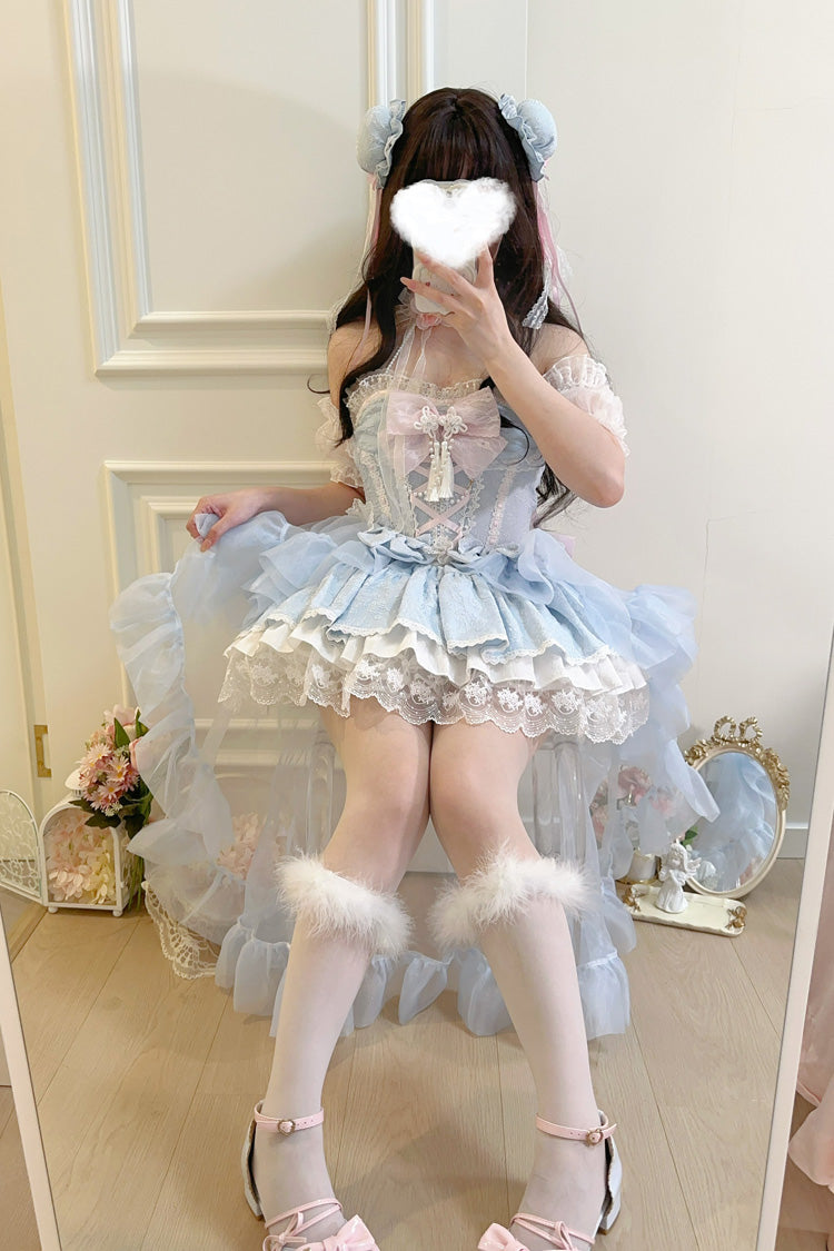 Blue [Rain and Flowers] Halterneck Jacquard Ruffle Bowknot Lace Sweet Lolita Jsk Dress - Product - 5