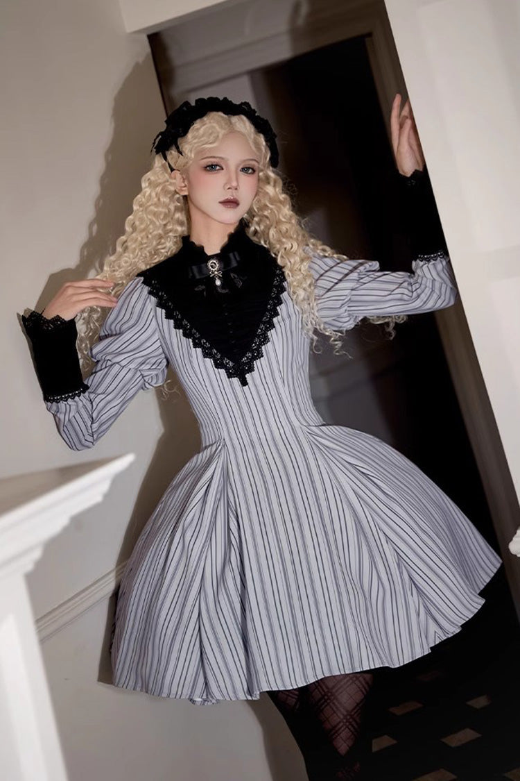Light Grey [Nocturne] Vertical Stripes Print Ruffle Bowknot Lace Gothic Lolita Dress 2 Versions - Product - 11