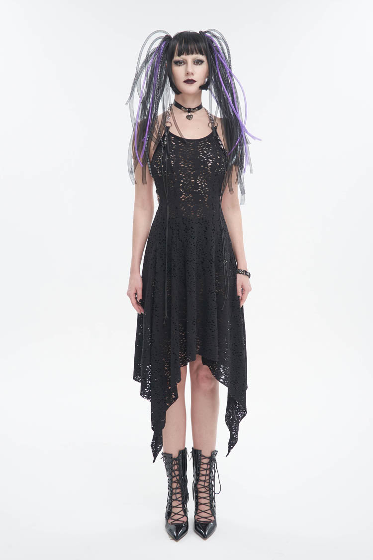 Black Irregular Pattern Wool Metal Chain Halter Neck Backless Women's Punk Dress - Product - 3