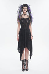 Black Irregular Pattern Wool Metal Chain Halter Neck Backless Women's Punk Dress - Product - 3