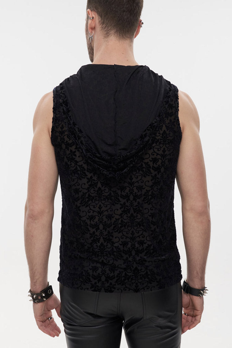 Black Punk Velvet Jacquard Chest Tie Sleeveless Hooded Men's Shirt - Product - 2
