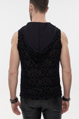Black Punk Velvet Jacquard Chest Tie Sleeveless Hooded Men's Shirt - Product - 2