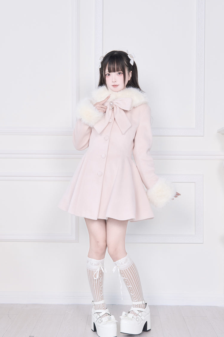 Pink Plush Collar Long Sleeves Bowknot Japanese Sweet Lolita Coat - Product - 2