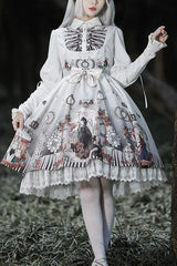 Lapel Collar Long Sleeve Black Fairy Tale Print Gothic Lolita JSK Dress - White - 1
