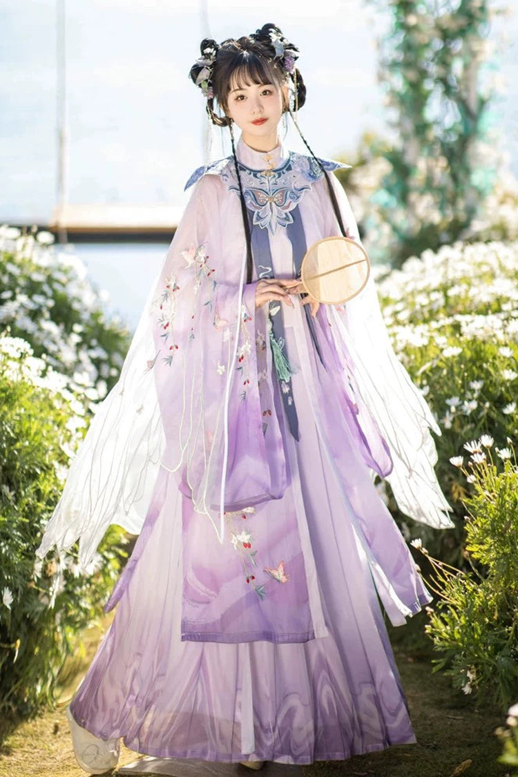 Purple Long Sleeves High Waisted Embroidery Women's Classic Chinese Style Hanfu Dress Full Set - Purple - 1