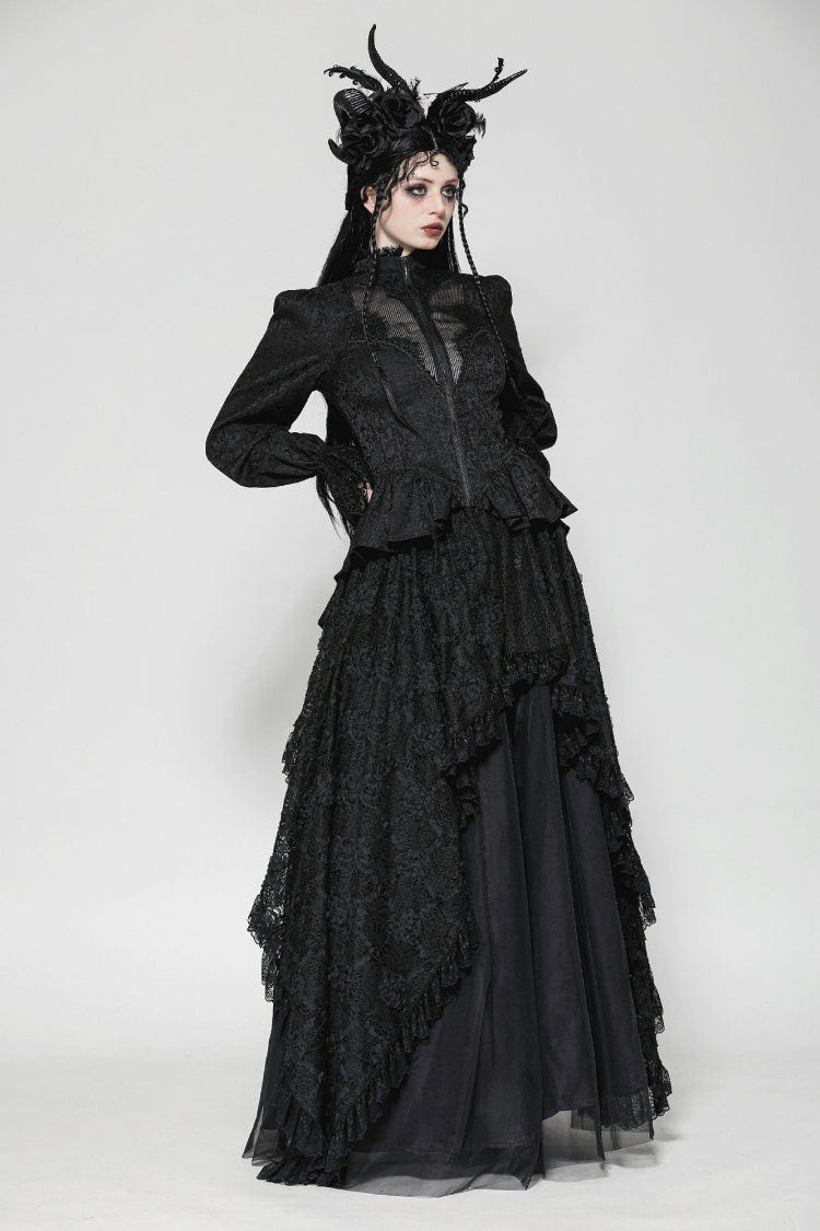 Black Stand Collar Long Trumpet Sleeves Lace Sheer Lace-Up Women's Gothic High Low Tail Coat - Product - 2