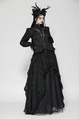 Black Stand Collar Long Trumpet Sleeves Lace Sheer Lace-Up Women's Gothic High Low Tail Coat - Product - 2