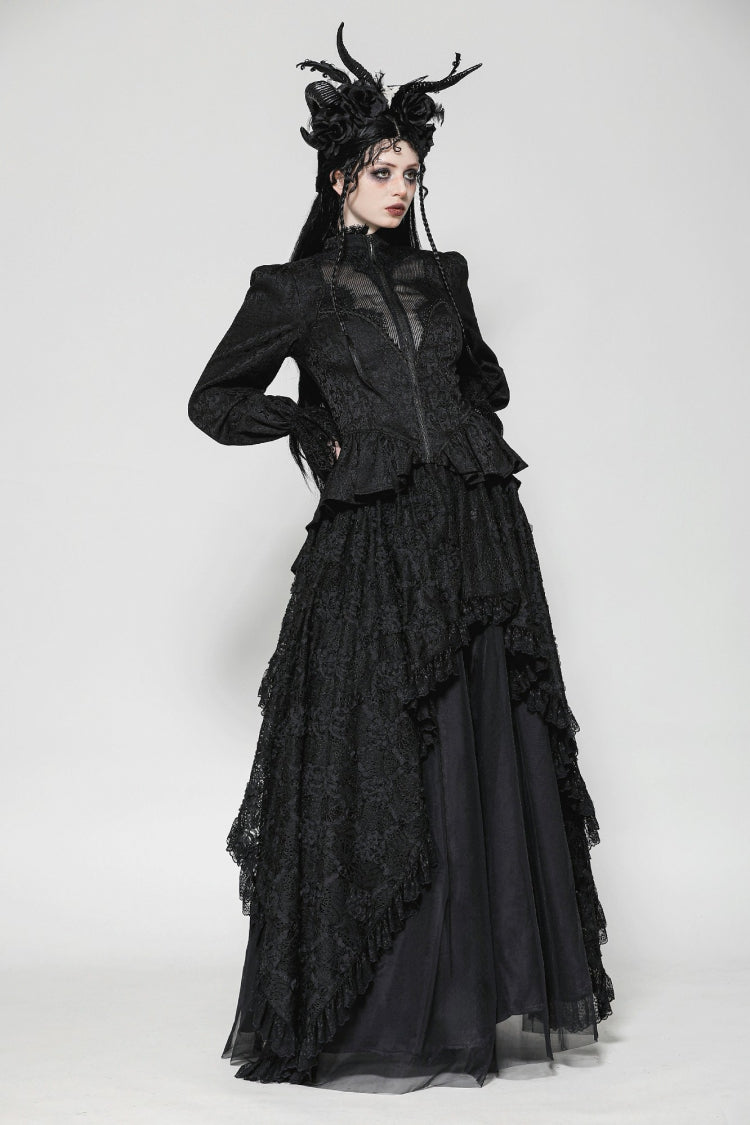 Black Stand Collar Long Trumpet Sleeves Lace Sheer Lace-Up Women's Gothic High Low Tail Coat - Product - 2