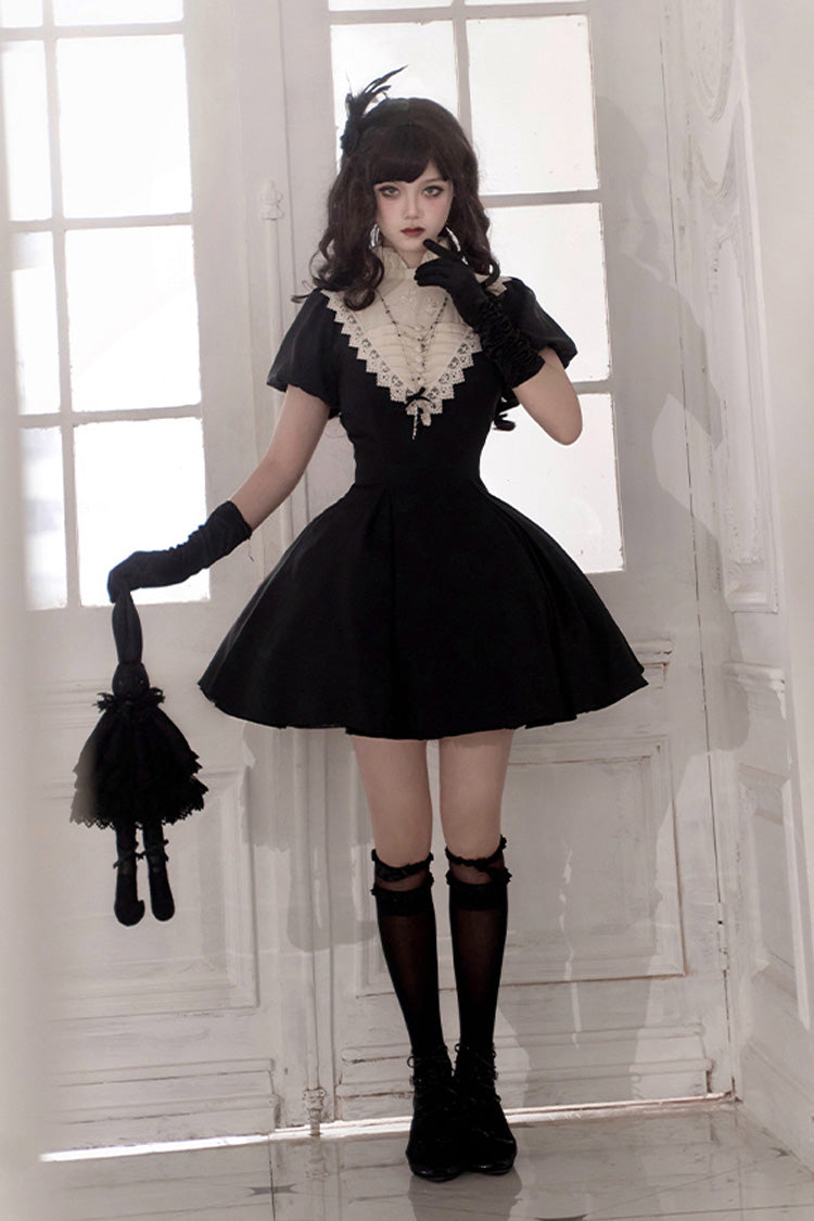 Black [Letters and Poems·Nocturne] Nun Long Sleeves Ruffle Gothic Lolita Short Dress - Product - 17