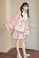 White/Pink [Miracle Pony] Round Collar Long Sleeves High Waisted Printed Women's Sweet Hanfu Dress Set - Product - 4