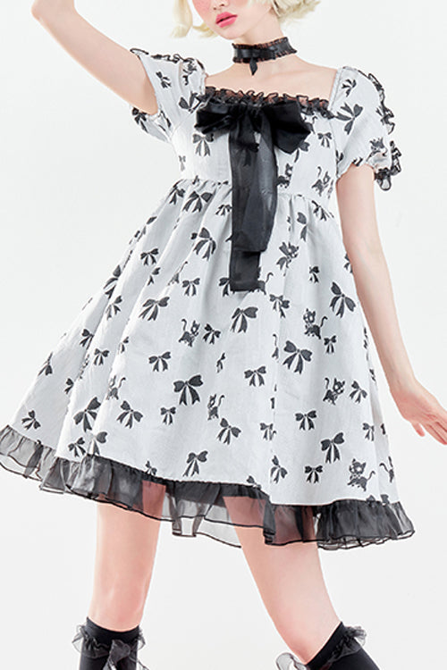 White Square Neckline Butterfly Print Short Sleeves Fungus Ruffled Sweet Lolita OP Dress - White - 1