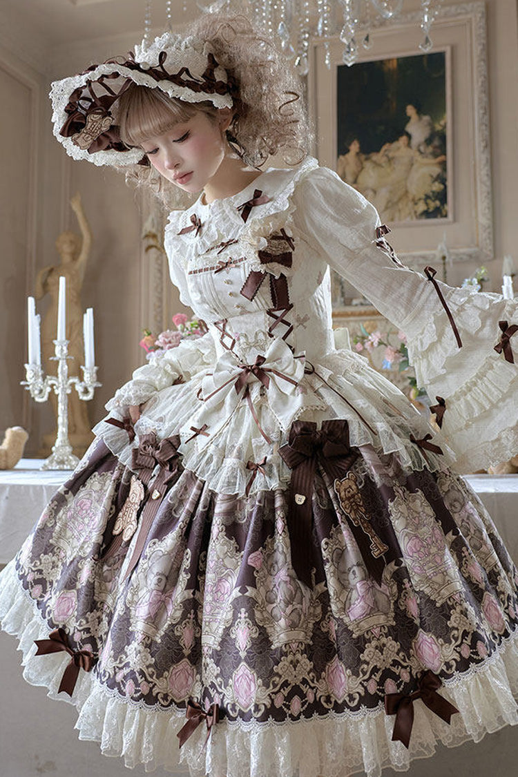 Brown [Antique Teddy Bear] Sleeveless Printed Bow Lace Sweet Elegant Lolita Jsk Dress - Product - 4
