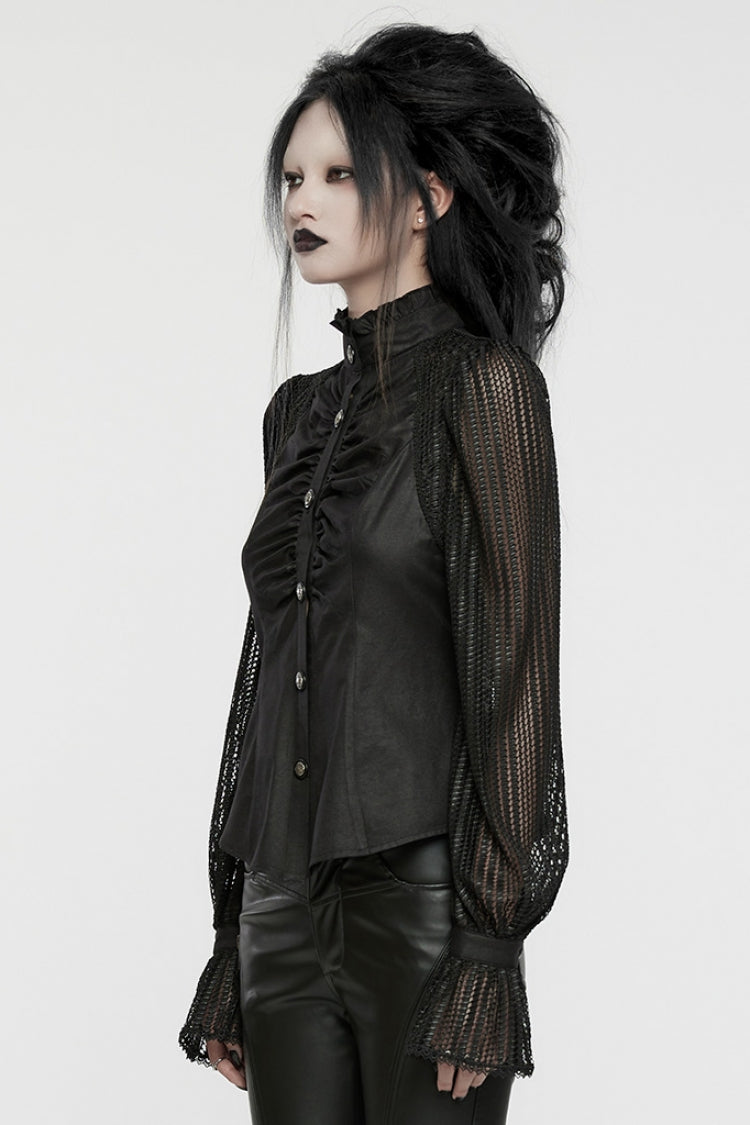 Black Stand Collar Stitching Mesh Women's Punk Blouse - Product - 2