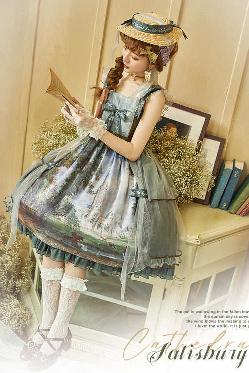 Green Salisbury Cathedral Oil Painting Print Classic Lolita JSK Dress - Product - 4