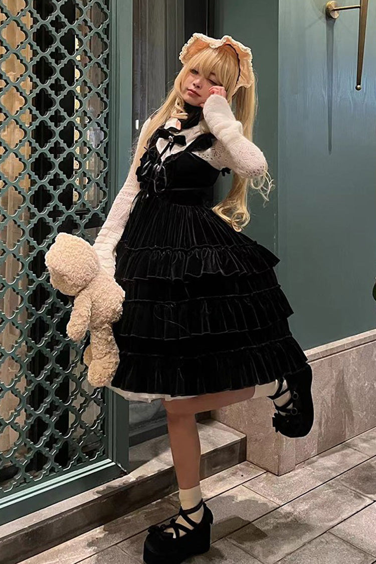 [Sponge Cake] Multi-Layered Ruffle Lace-Up Gothic Lolita Jsk Dress 2 Colors - Black - 5