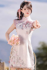 White/Pink [Spring Strawberry] Stand Collar Ruffled Embroidered Lace Color-Blocked Chinese Style Sweet Lolita Dress Cheongsam - Product - 4