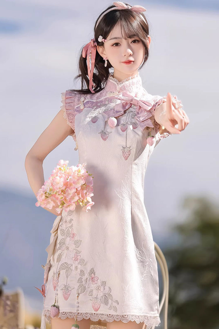 White/Pink [Spring Strawberry] Stand Collar Ruffled Embroidered Lace Color-Blocked Chinese Style Sweet Lolita Dress Cheongsam - Product - 4