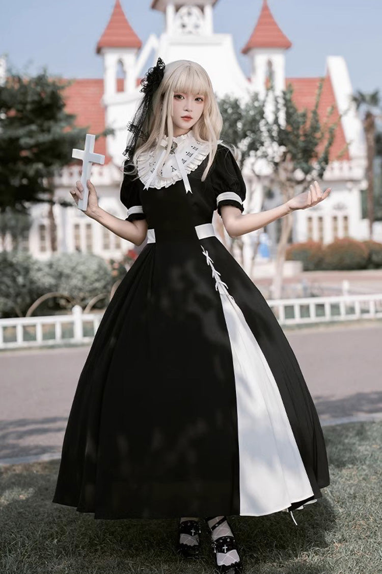 Black/White Short Sleeves Color-blocked with Detachable Embroidered Faux Collar Gothic Lolita Dress - Product - 3