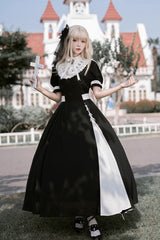 Black/White Short Sleeves Color-blocked with Detachable Embroidered Faux Collar Gothic Lolita Dress - Product - 3