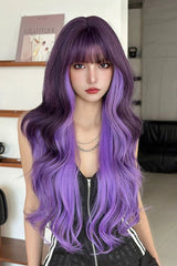 Y2K Black To Purple Ombre Face Framing Highlights Long Wavy Sweet Lolita Full Wig - Black/Purple - 1