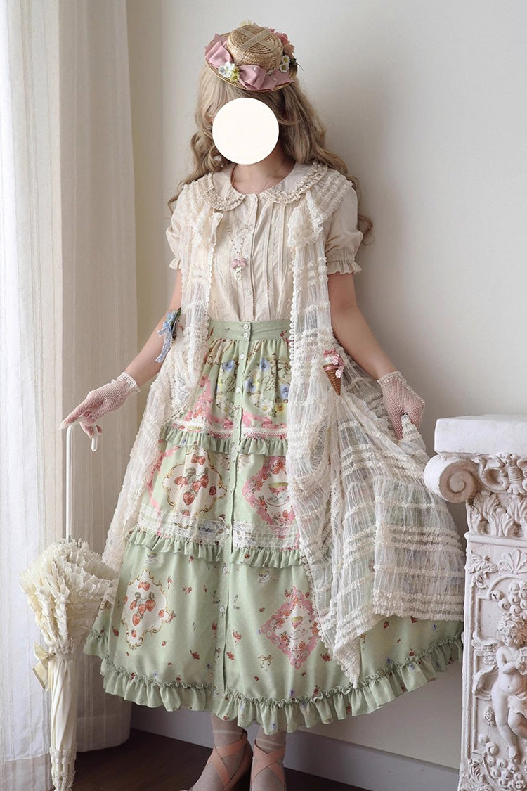 Green [Cat Rose Tea] Print Ruffle Daily Sweet Lolita Skirt - Product - 2