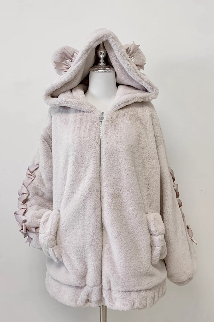 [Sleepy Bear Fluffy] Bear Ears Long Sleeves Bow Lace-Up Hooded Zippered Sweet Jirai Kei Japanese Coat - Product - 4