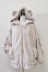 [Sleepy Bear Fluffy] Bear Ears Long Sleeves Bow Lace-Up Hooded Zippered Sweet Jirai Kei Japanese Coat - Product - 4