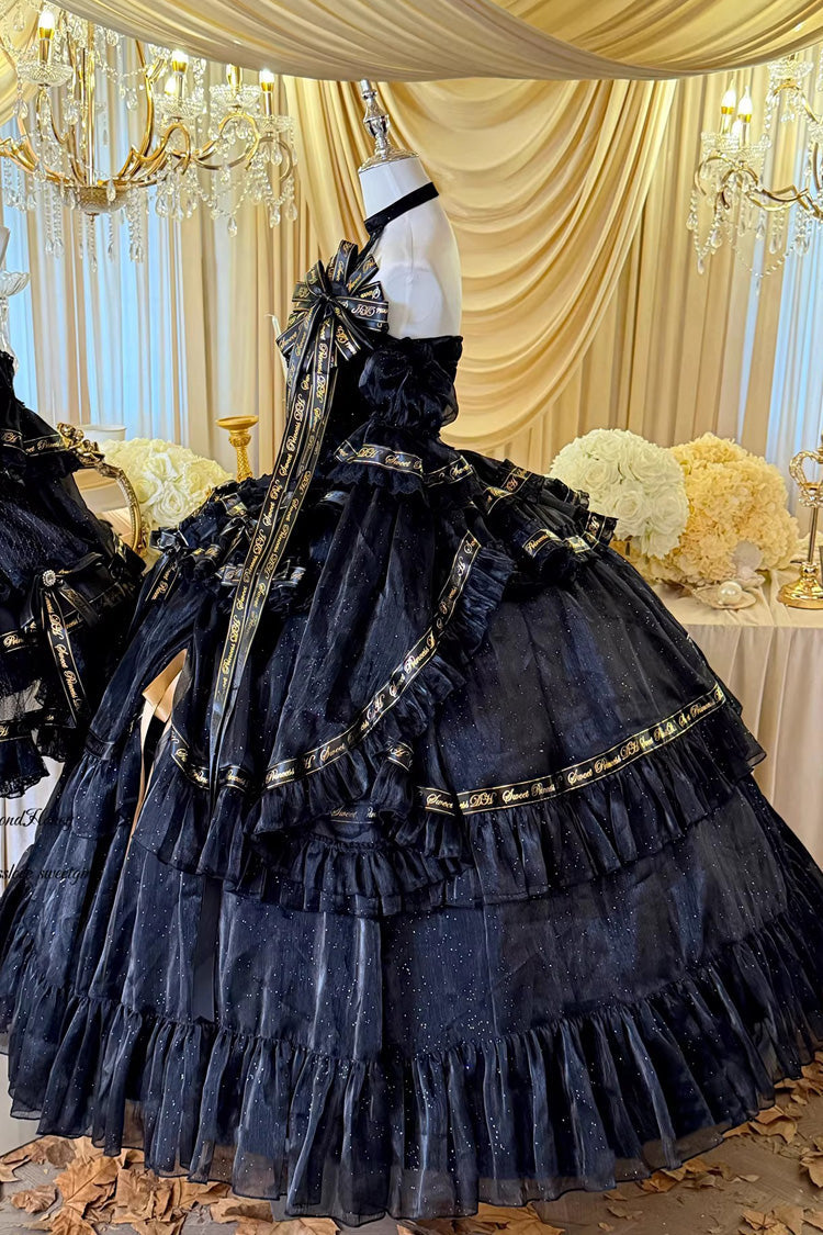 Black [Obsidian Banquet] Double-Layered Ruffled Hanayome Bow Lace Sweet Gothic Princess Lolita Jsk Dress - Product - 11