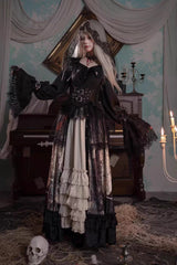 [Heretical Nun] Sleeveless Multi-Layered Printed Ruffled Open-Front Gothic Plus Size Lolita Strap Dress Long Version 2 Colors - Product - 8