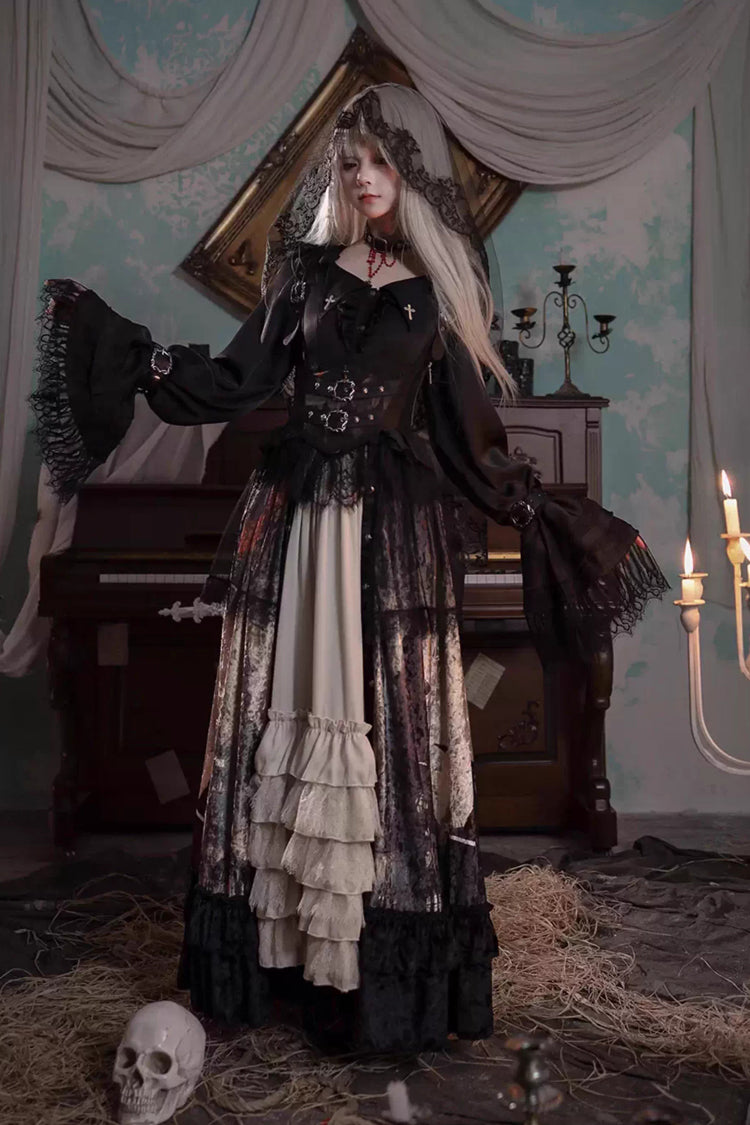 [Heretical Nun] Sleeveless Multi-Layered Printed Ruffled Open-Front Gothic Plus Size Lolita Strap Dress Long Version 2 Colors - Product - 8