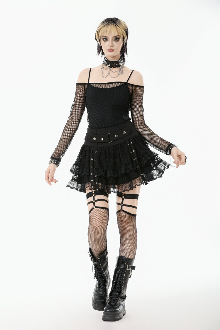 Black Wide-Waistband Eyelet Strap Double-Layered Lace Women's Punk Skirt - Product - 9