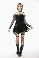 Black Wide-Waistband Eyelet Strap Double-Layered Lace Women's Punk Skirt - Product - 9