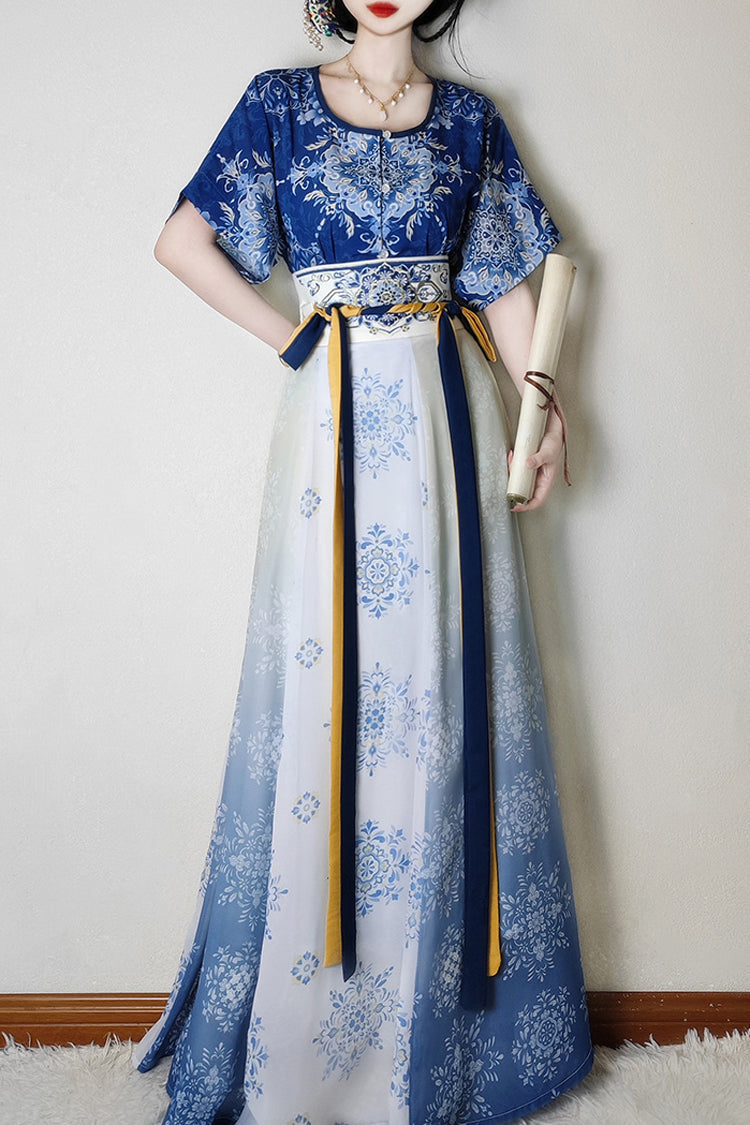 Round Collar High Waisted Print Slim Women's Classic Hanfu Dress Full Set - Product - 3