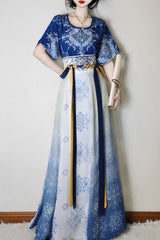 Round Collar High Waisted Print Slim Women's Classic Hanfu Dress Full Set - Product - 3