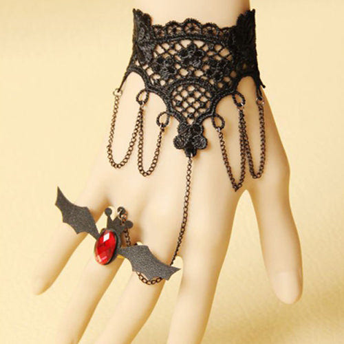 Black Retro Fashion Little Bat Lace Female Gothic Lolita Bracelet - Black - 1