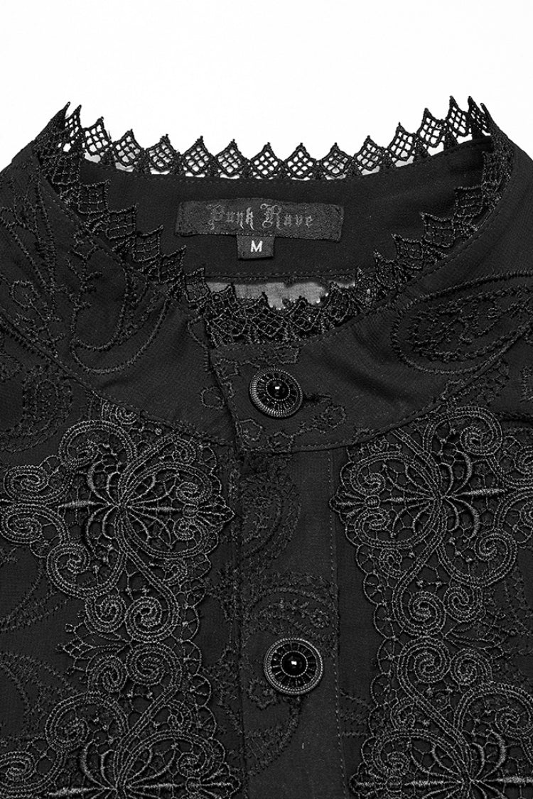 Black Stand Collar Chiffon Long Sleeves Hollow Embroidery Men's Gothic Blouse - Product - 5