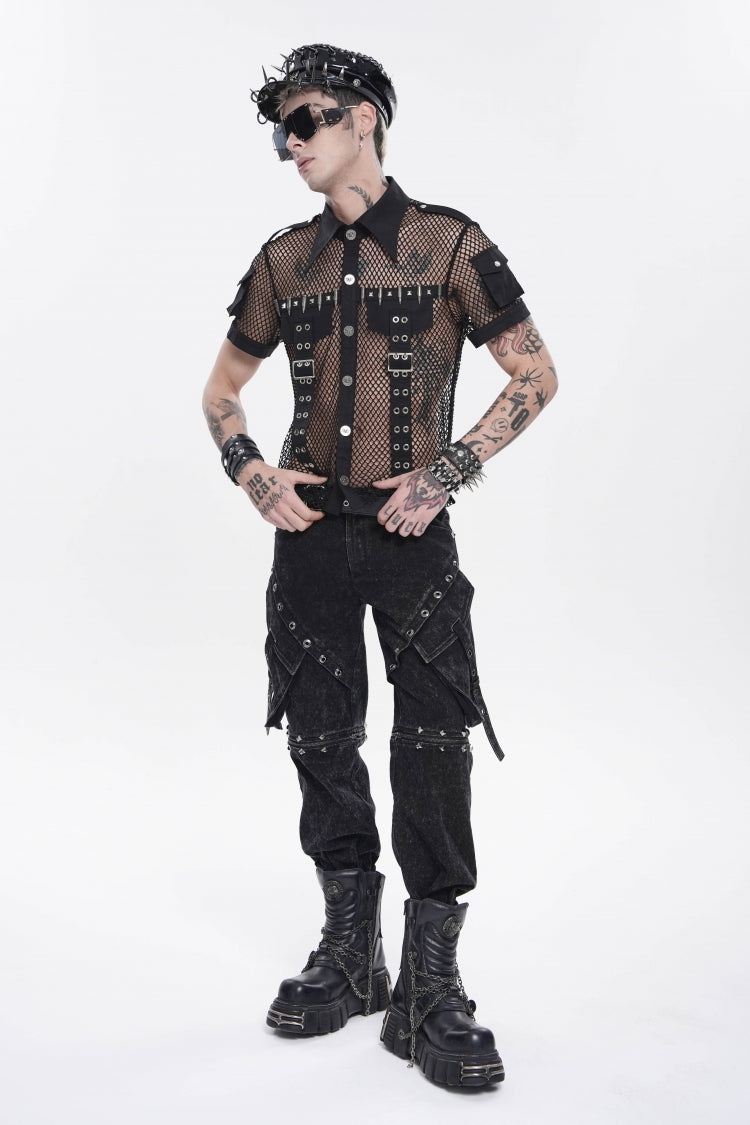 Black Spliced Detachable Studded Eyelet Men's Punk Cool Pants With Big Pockets - Product - 4