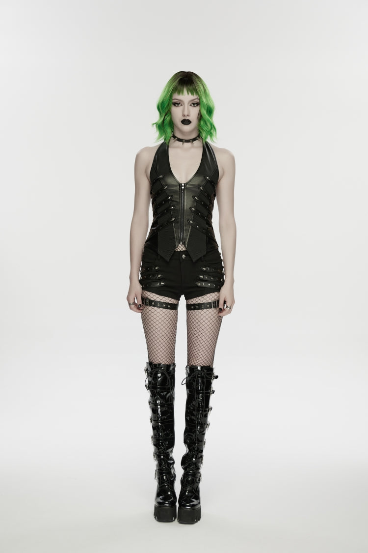 Black Halterneck Slim Studded Zippered Women's Punk Vest - Product - 3