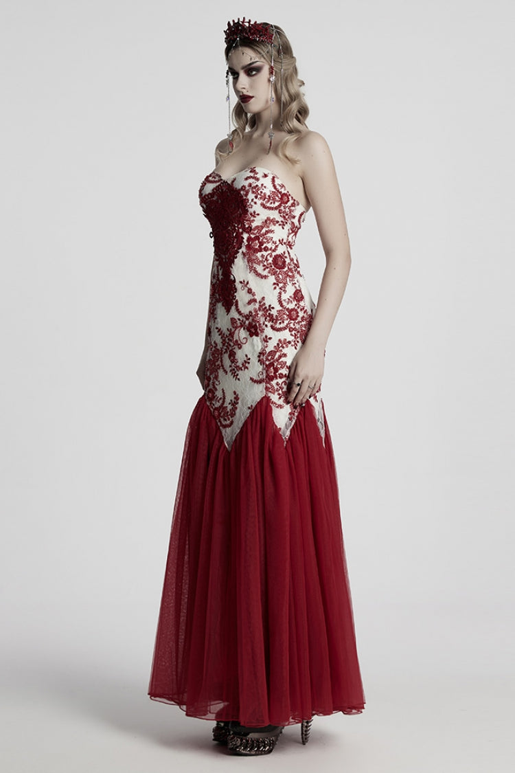Red Off Shoulder Embroidery Lace Slim Women's Gothic Gown Fishtail Dress - Product - 2