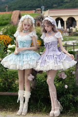 Purple [Floral Dream] Short Sleeves Multi-Layered Ruffle Embroidery Bowknot Lace-Up Sweet Elegant Ballet Lolita Jsk Dress - Product - 8