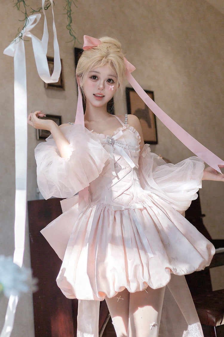 Pink [The Runaway Princess] Sleeveless Ruffle Bowknot Lace-Up Sweet Lolita Jsk Tulip Dress Set - Product - 10
