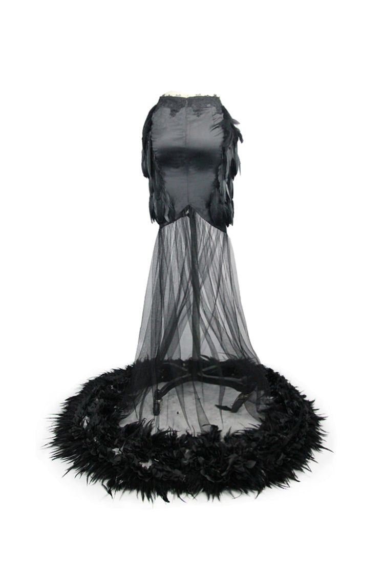 Black Mesh Fishtail Flower Feather Hem Long Satin Women's Gothic Skirt - Product - 8