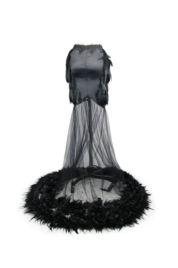 Black Mesh Fishtail Flower Feather Hem Long Satin Women's Gothic Skirt - Product - 8