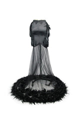 Black Mesh Fishtail Flower Feather Hem Long Satin Women's Gothic Skirt - Product - 8