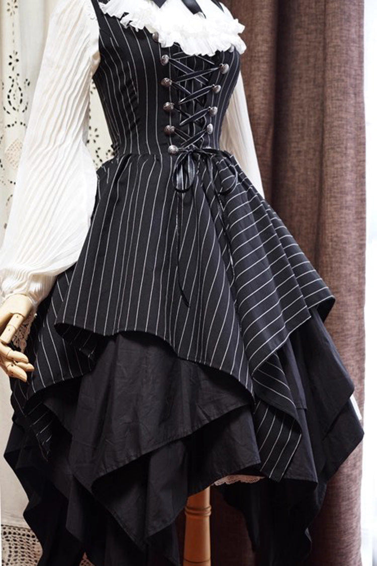 Black Sleeveless Striped Print Lace-Up Irregular Hem Gothic Lolita Dress - Product - 7
