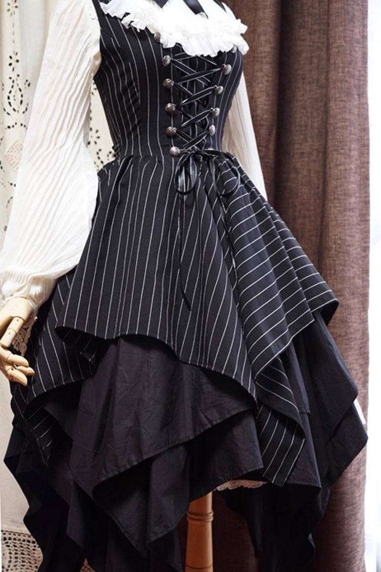 Black Sleeveless Striped Print Lace-Up Irregular Hem Gothic Lolita Dress - Product - 7