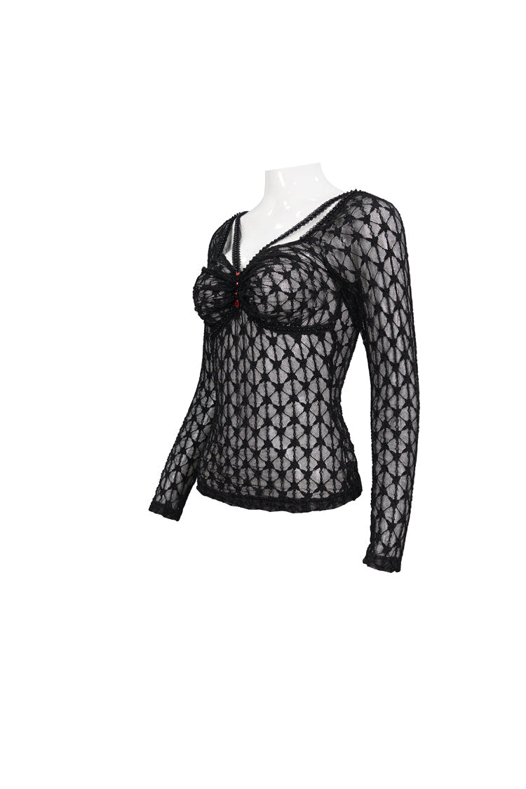 Black Lace Mesh Front Red Diamond Long Sleeve Transparent Women's Punk T-Shirt - Product - 7